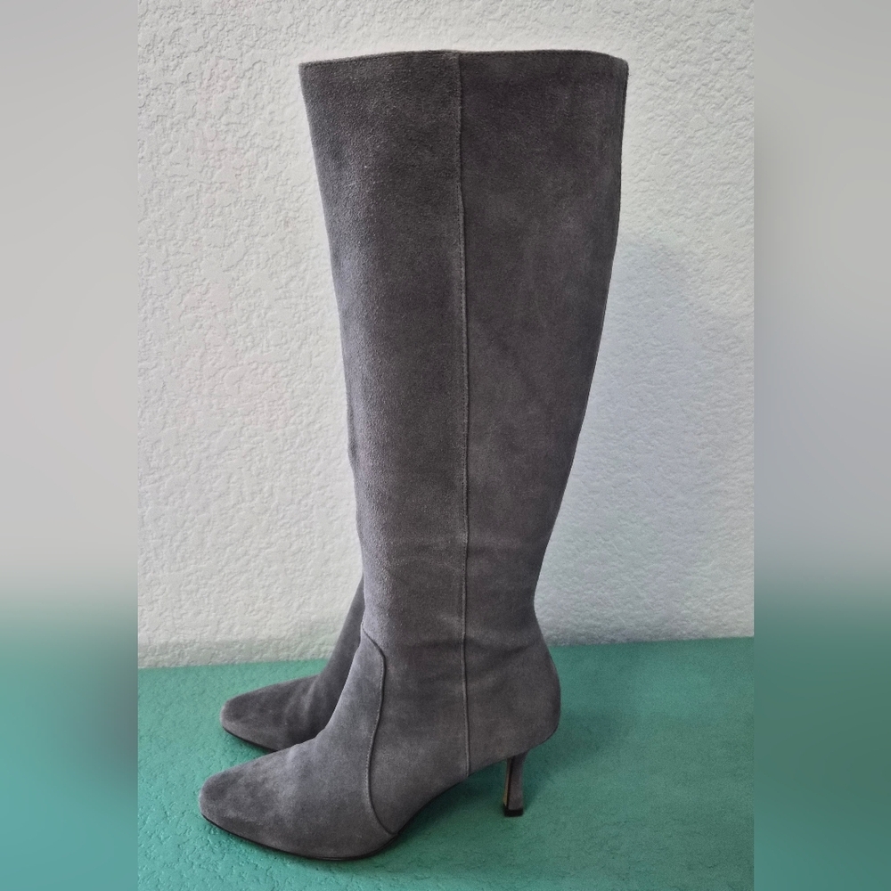 Ann Taylor Gray Suede Knee High Boots Pointed Toe Kitten Heel 6.5M